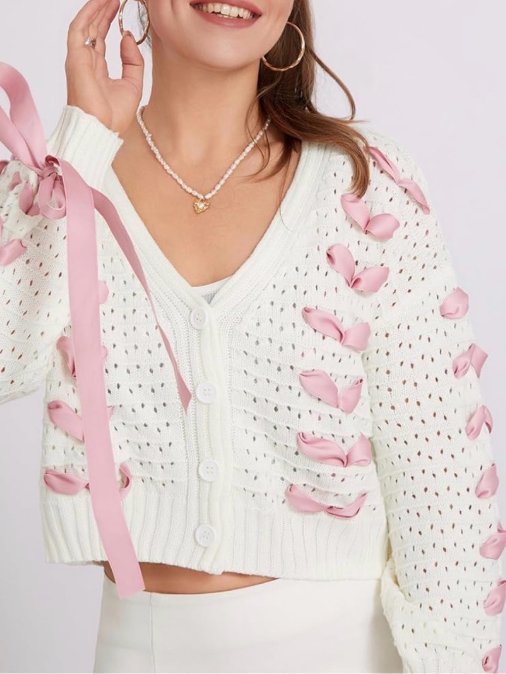 White Crochet Ribbon-Detail V-Neck Sweater Cardigan
